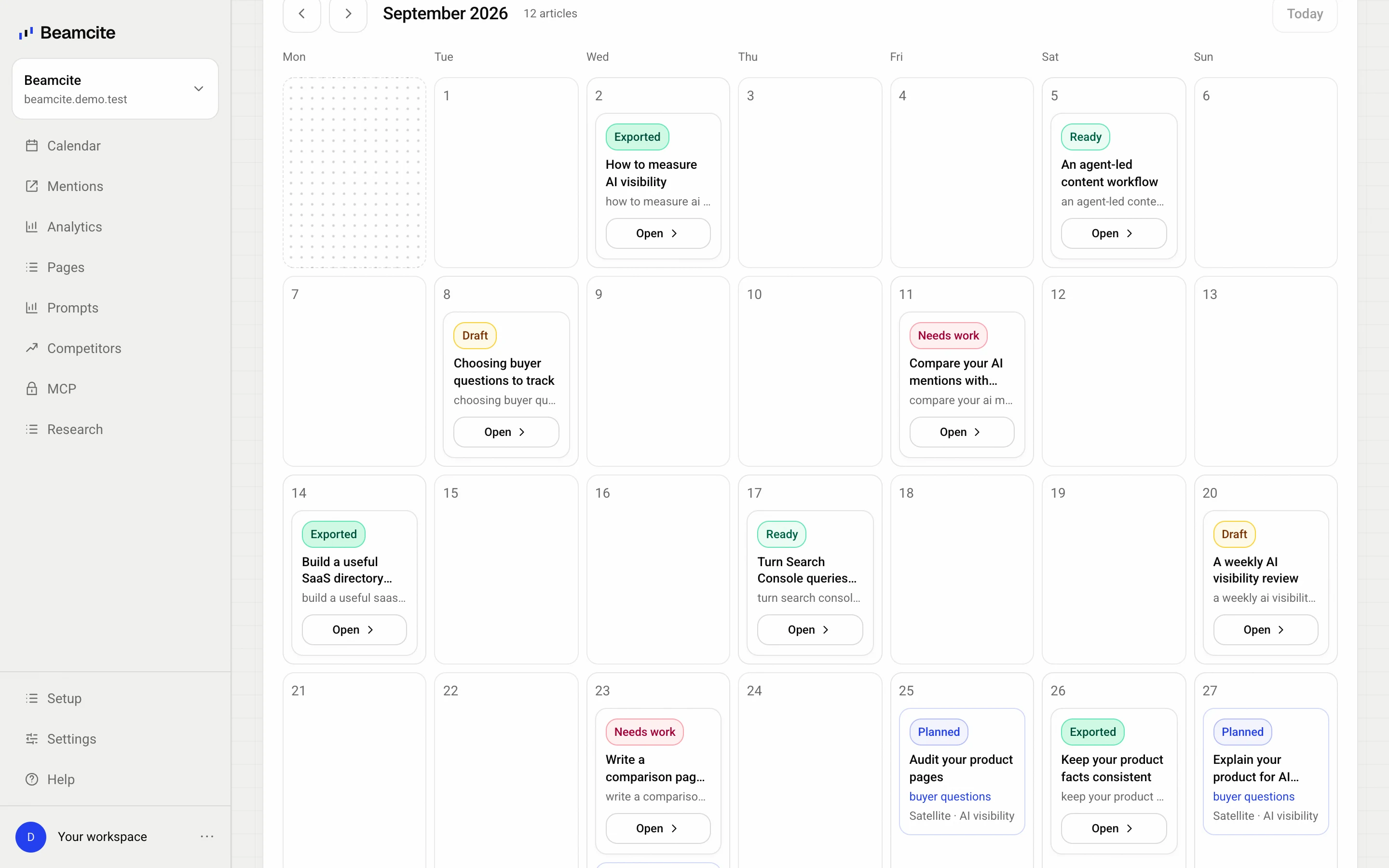Supacite content calendar with scheduled posts, shown with sample data